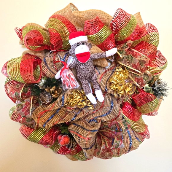 Handcrafted Burlap & Mesh Sock Monkey 24" Christmas Wreath - Picture 1 of 13